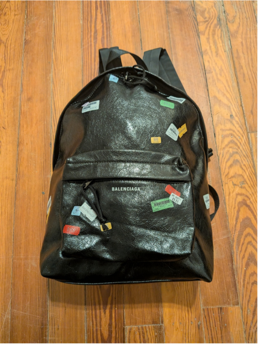 AUTHENTIC Balenciaga black calf-skin leather backpack with printed stickers RARE